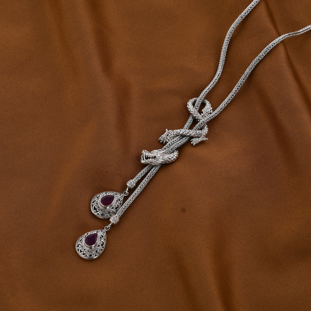 Royal Bali Collection - Ruby (FF) Dragon Necklace (Size - 18) in Sterling Silver 31.50 GM