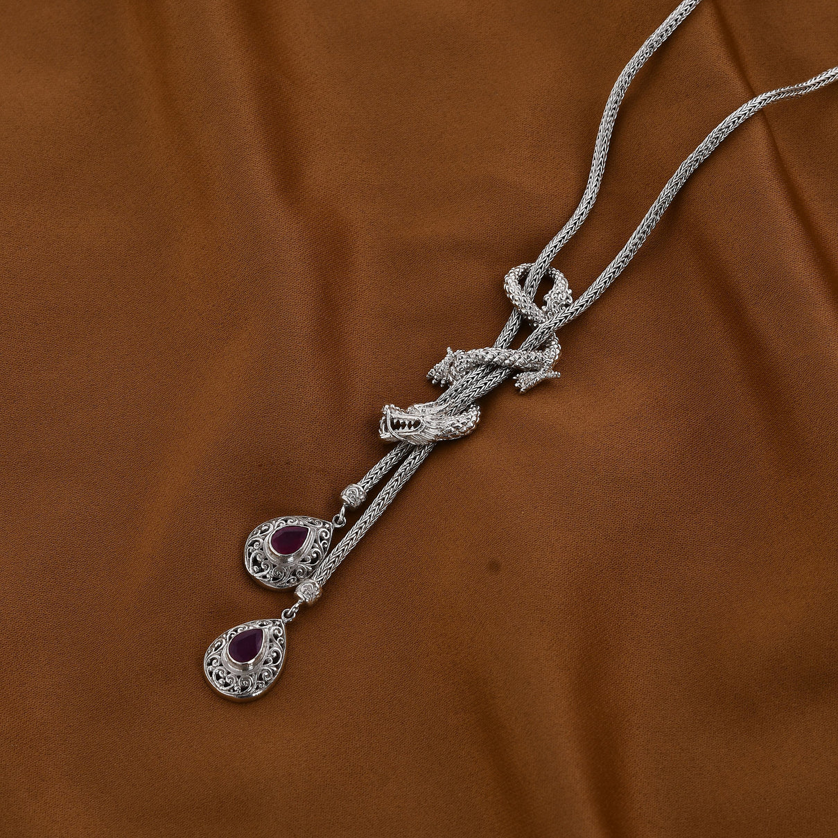 Royal Bali Collection - Ruby (FF) Dragon Necklace (Size - 18) in Sterling Silver 31.50 GM 7653566 2