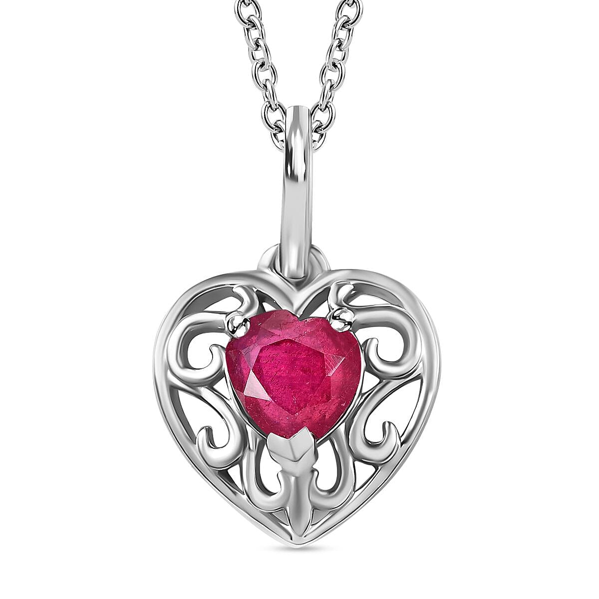Ruby Heart Pendant with Chain (Size 20) in Platinum Overlay Sterling Silver 1.25 Ct 4252895 0