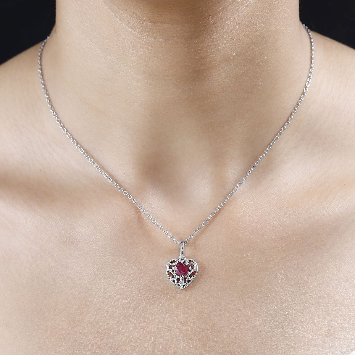 Ruby Heart Pendant with Chain (Size 20) in Platinum Overlay Sterling Silver 1.25 Ct 4252895 2