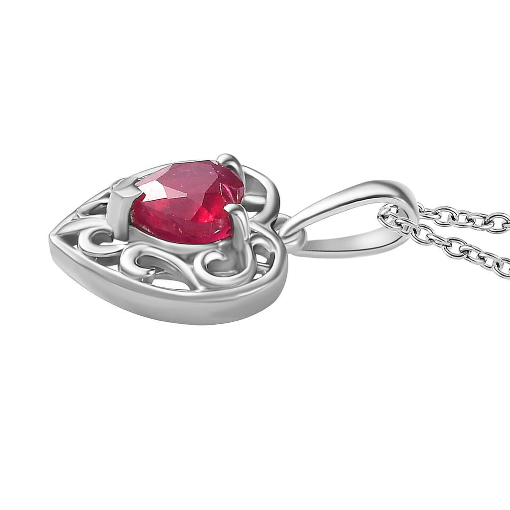 African Ruby Platinum Overlay Sterling Silver Heart Pendant with Stainless Steel Chain (Size 20)