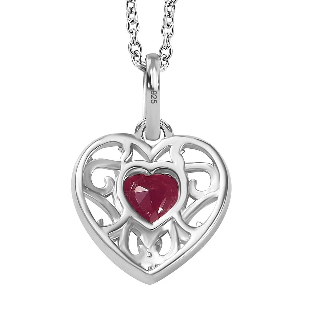 African Ruby Platinum Overlay Sterling Silver Heart Pendant with Stainless Steel Chain (Size 20)
