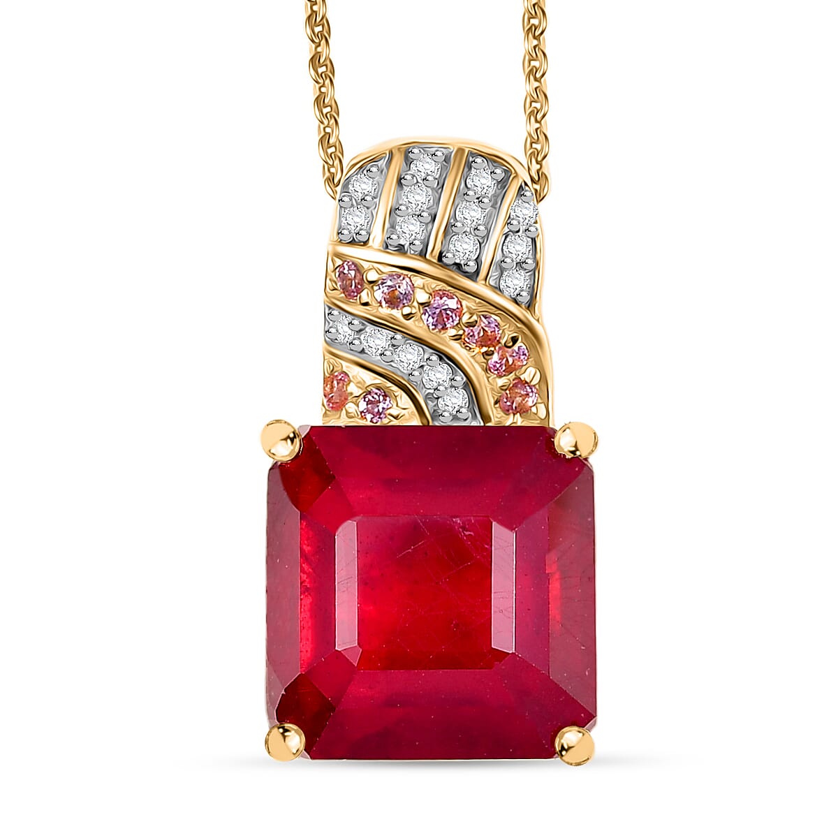 Fissure Filled Ruby, Pink Sapphire, White Zircon Pendant with Chain (Size 20) in 18K Vermeil Yellow Gold Plated Sterling Silver 11.29  Ct. 4417803 0