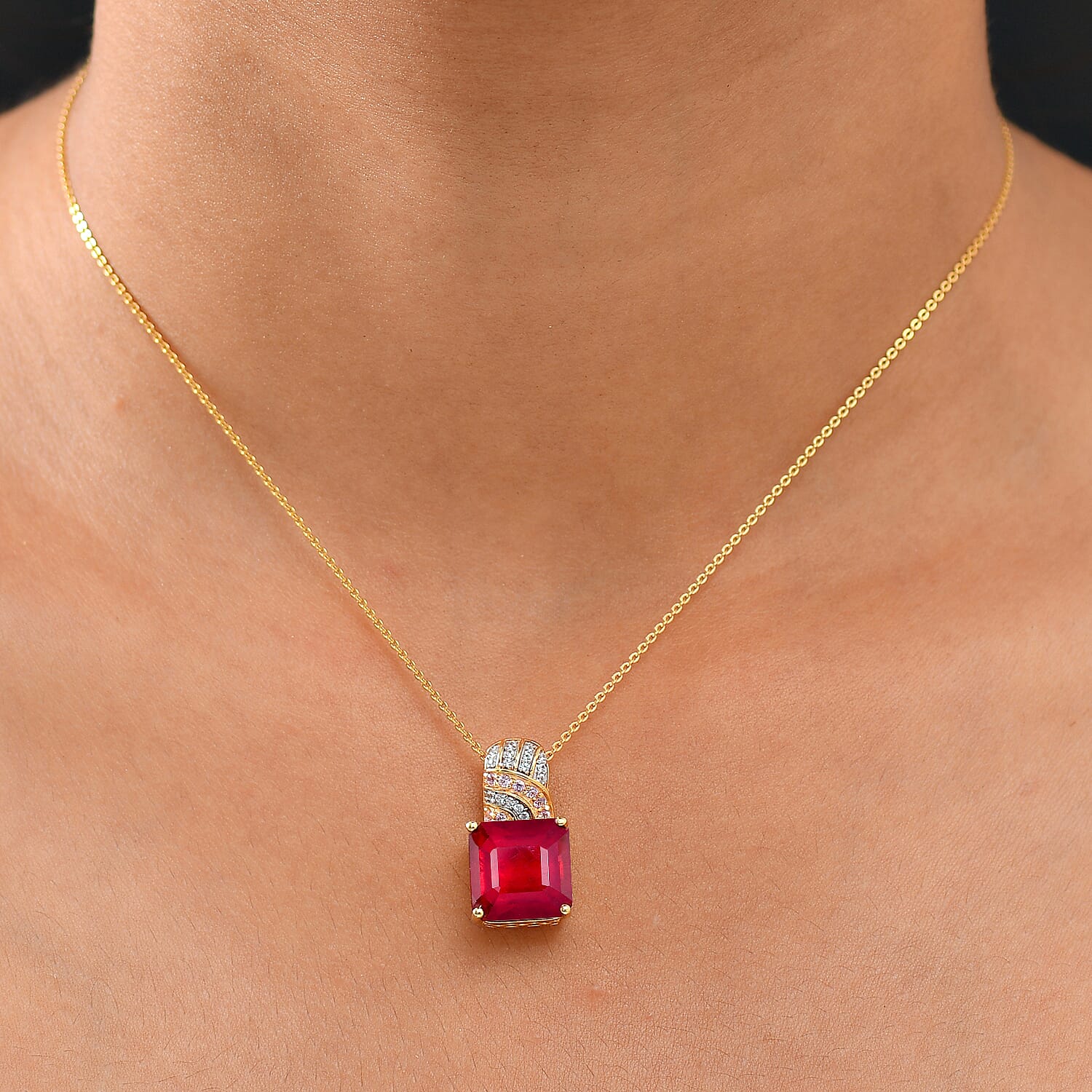 Fissure Filled Ruby, Pink Sapphire, White Zircon Pendant with Chain (Size 20) in 18K Vermeil Yellow Gold Plated Sterling Silver 11.29  Ct. 4417803 2