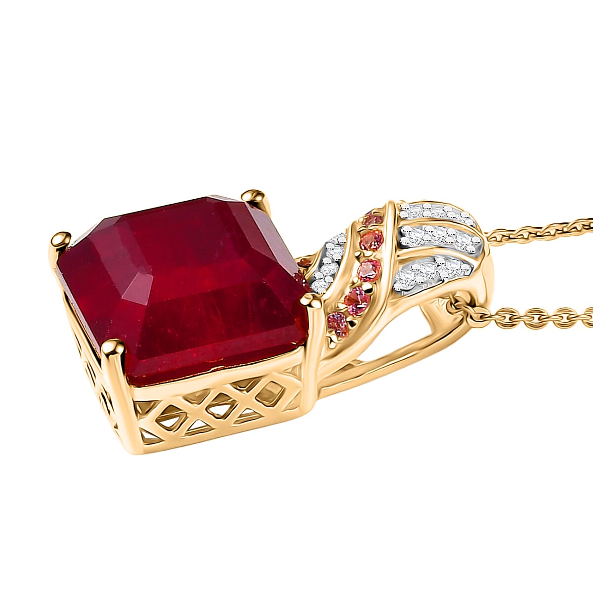 Fissure Filled Ruby, Pink Sapphire, White Zircon Pendant with Chain (Size 20) in 18K Vermeil Yellow Gold Plated Sterling Silver 11.29  Ct. 4417803 4