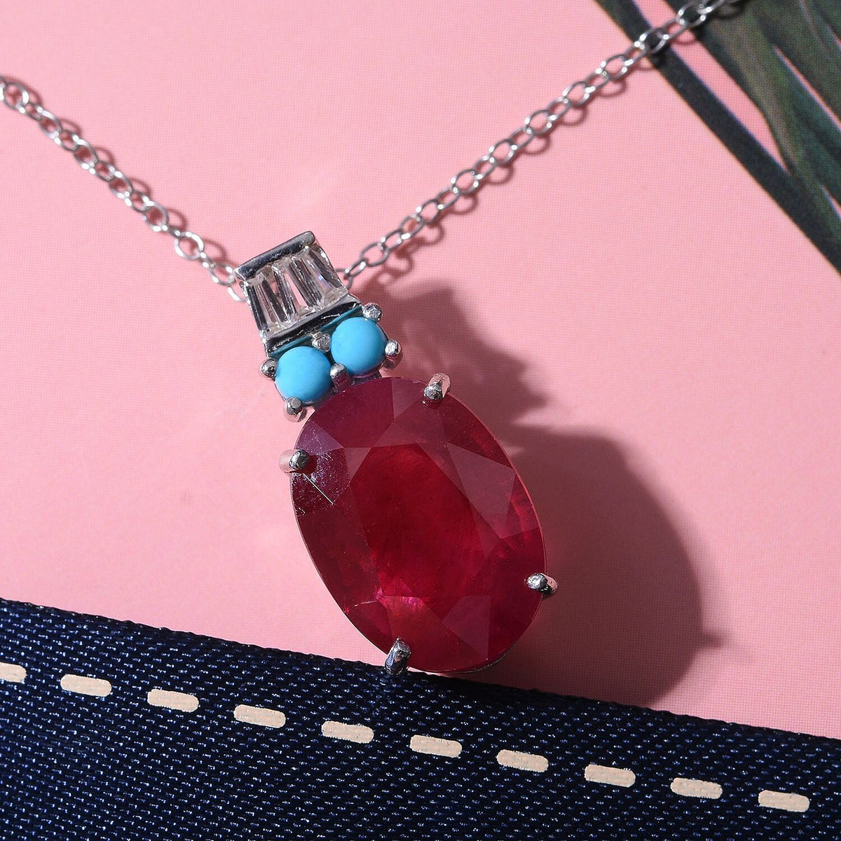 African Ruby, Arizona Sleeping Beauty Turquoise and Natural Zircon Pendant with Chain (Size -18) in Rhodium Overlay Sterling Silver 9.15 Ct. 4321297 2