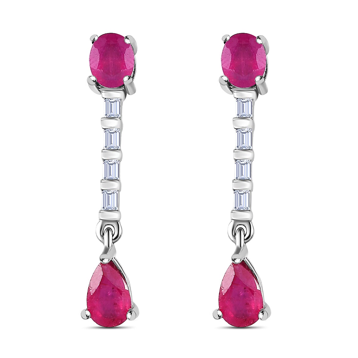 Fissure Filled Ruby, White Topaz Dangle Earrings in Platinum Overlay Sterling Silver 7426940 0