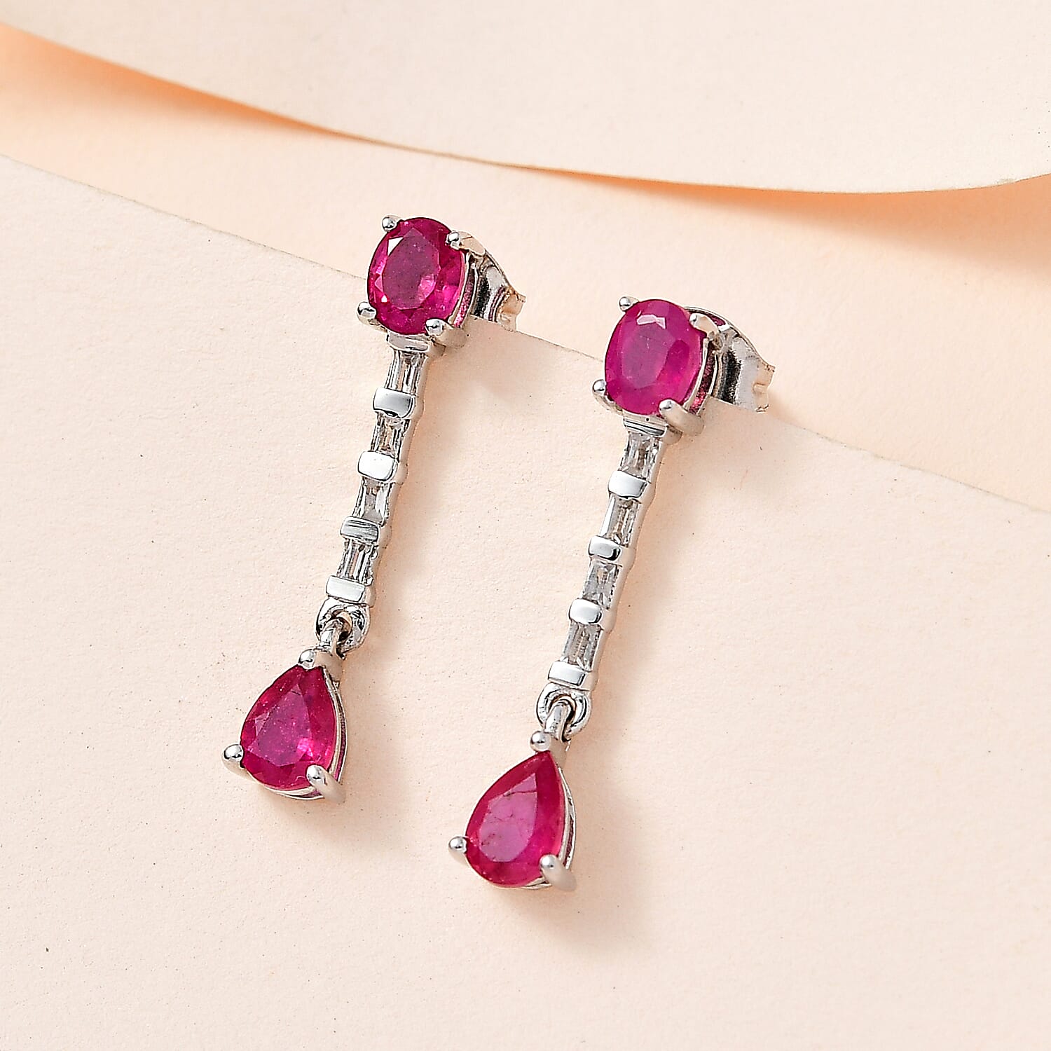 Fissure Filled Ruby, White Topaz Dangle Earrings in Platinum Overlay Sterling Silver 7426940 1