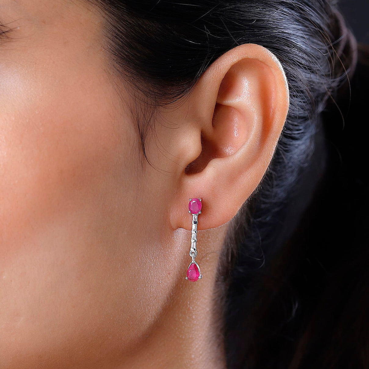 Fissure Filled Ruby, White Topaz Dangle Earrings in Platinum Overlay Sterling Silver 7426940 2