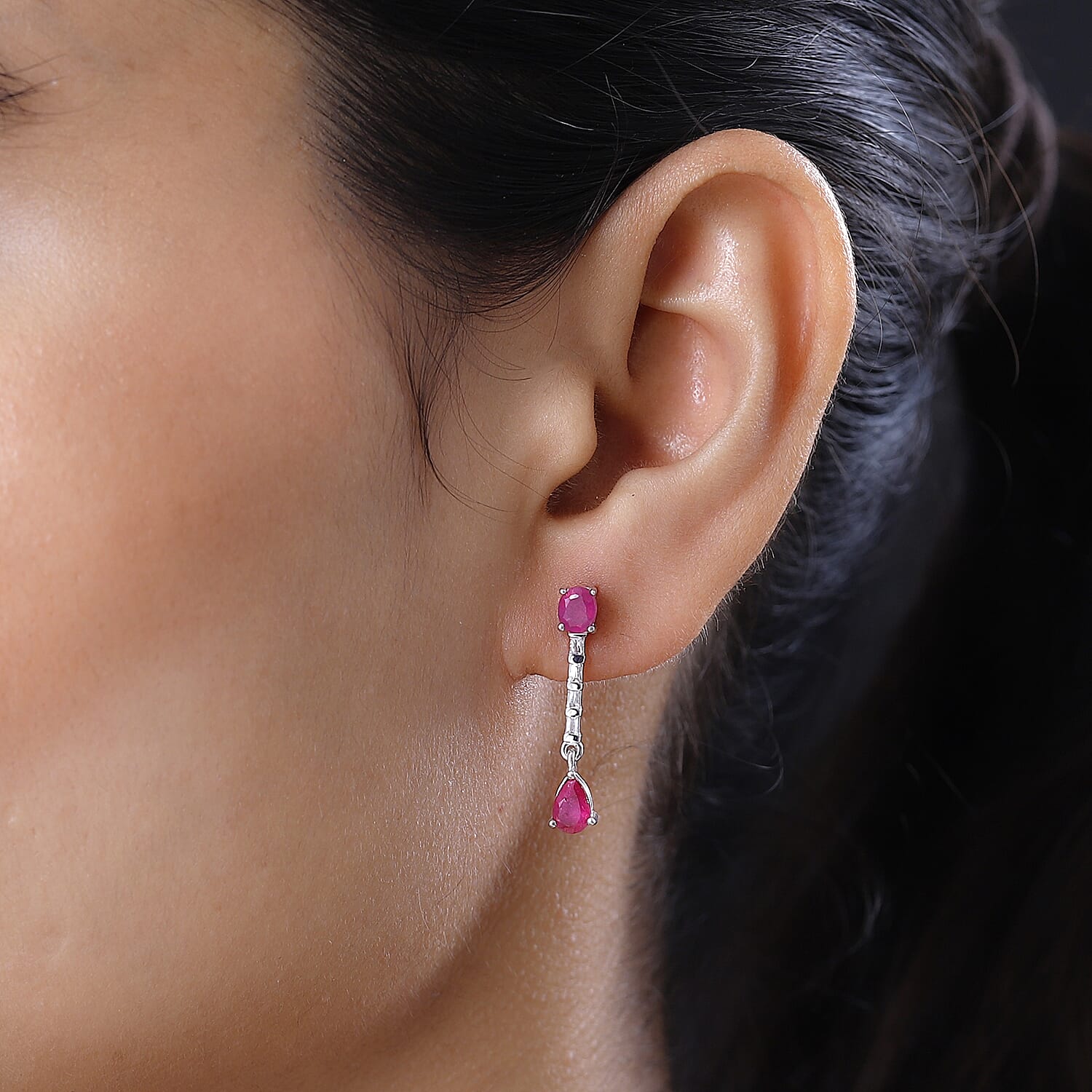 Fissure Filled Ruby, White Topaz Dangle Earrings in Platinum Overlay Sterling Silver 7426940 2