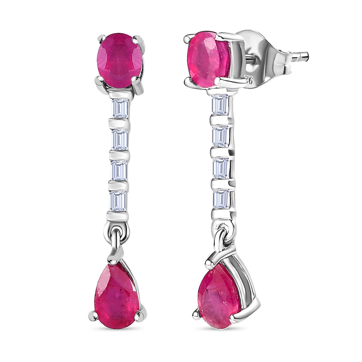 Fissure Filled Ruby, White Topaz Dangle Earrings in Platinum Overlay Sterling Silver 7426940 3