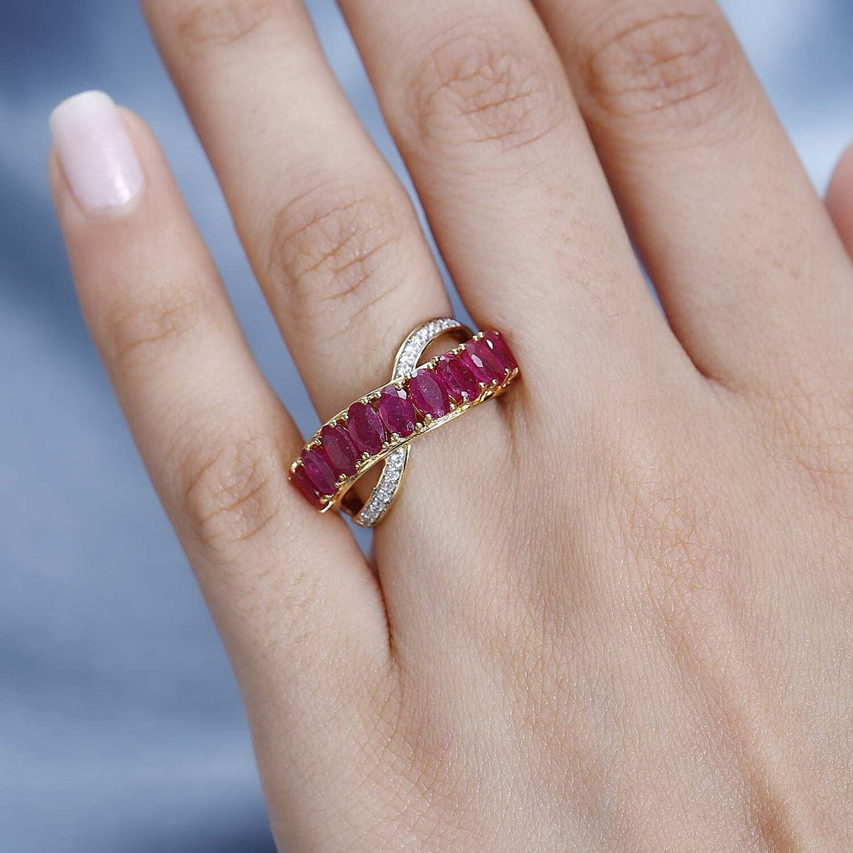 African Ruby &amp; Natural Zircon Bypass Ring in 18K Yellow Gold Vermeil Plated Sterling Silver 3.50 Ct. 7705843 3