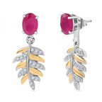 African Ruby & Natural Zircon Dangle Earrings in 18K Yellow Gold Vermeil & Platinum Plated Sterling Silver 2.86 Ct.