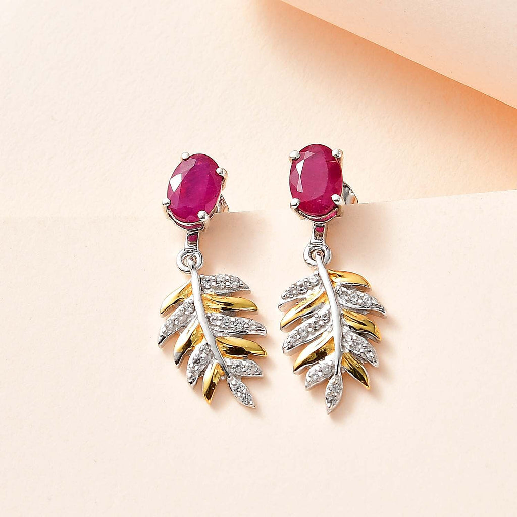 African Ruby & Natural Zircon Dangle Earrings in 18K Yellow Gold Vermeil & Platinum Plated Sterling Silver 2.86 Ct.