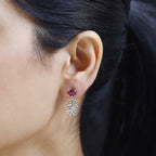 African Ruby & Natural Zircon Dangle Earrings in 18K Yellow Gold Vermeil & Platinum Plated Sterling Silver 2.86 Ct.