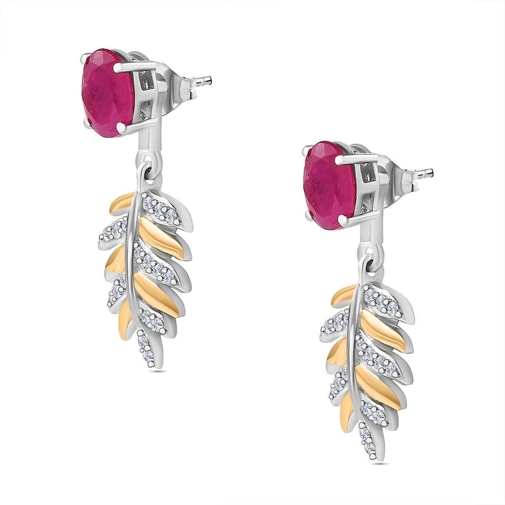 African Ruby & Natural Zircon Dangle Earrings in 18K Yellow Gold Vermeil & Platinum Plated Sterling Silver 2.86 Ct.