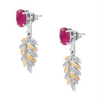 African Ruby & Natural Zircon Dangle Earrings in 18K Yellow Gold Vermeil & Platinum Plated Sterling Silver 2.86 Ct.