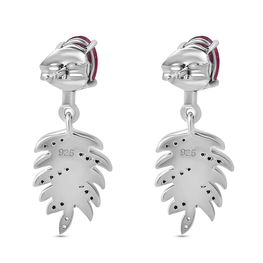 African Ruby & Natural Zircon Dangle Earrings in 18K Yellow Gold Vermeil & Platinum Plated Sterling Silver 2.86 Ct.
