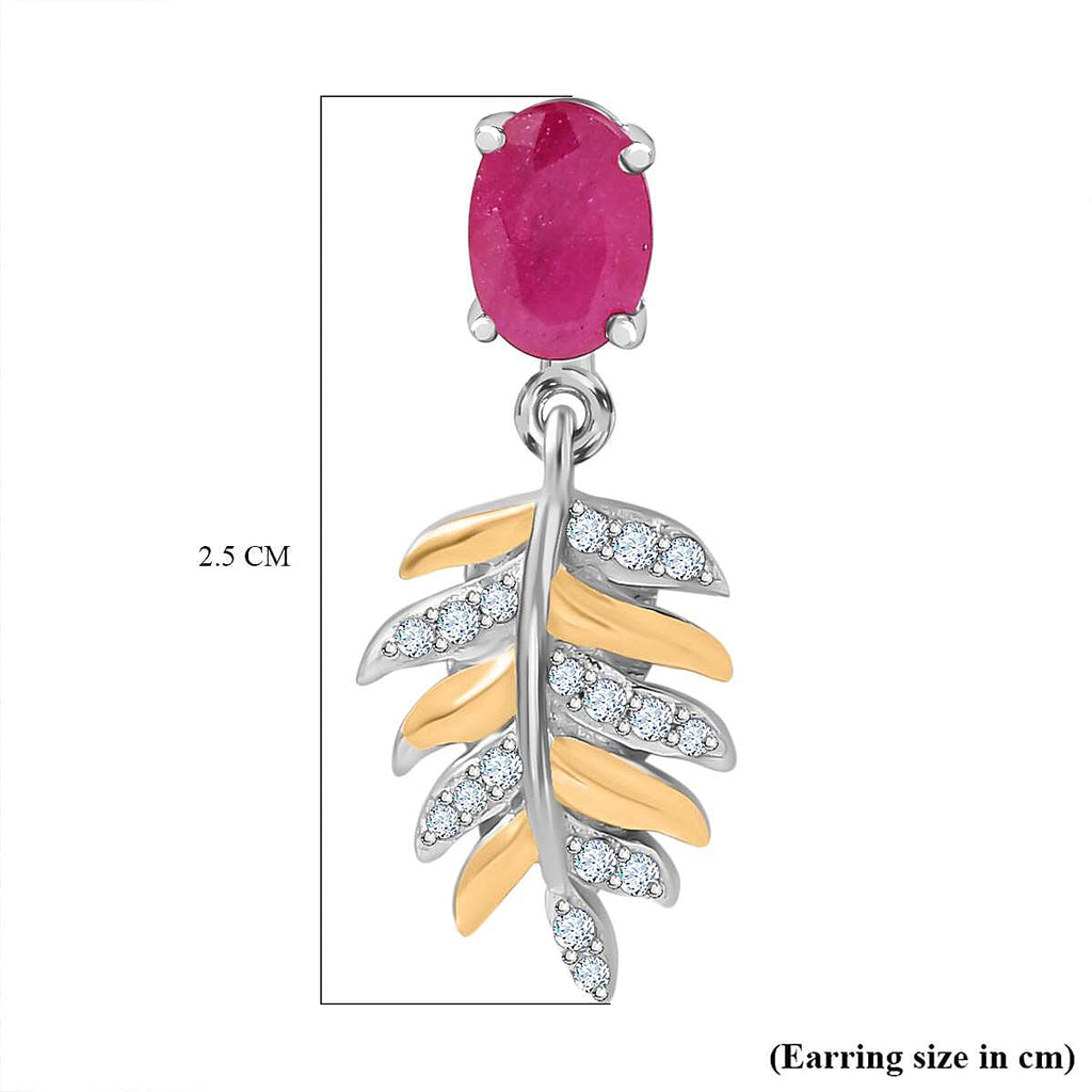 African Ruby & Natural Zircon Dangle Earrings in 18K Yellow Gold Vermeil & Platinum Plated Sterling Silver 2.86 Ct.