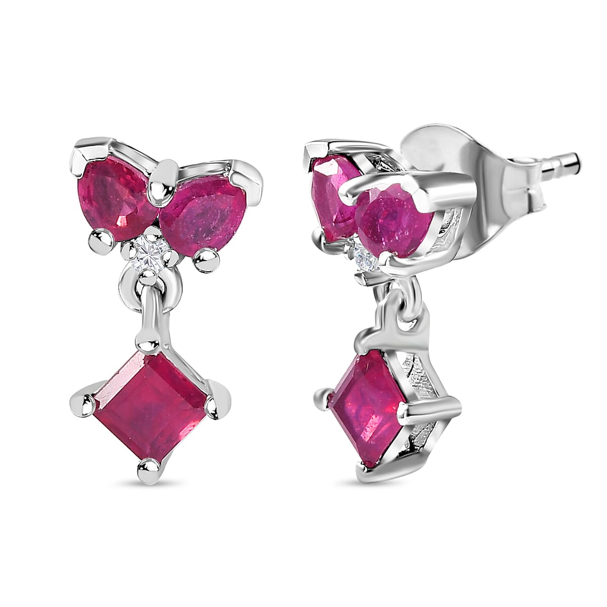 African Ruby &amp; Natural Zircon Dangle Earrings in Platinum Overlay Sterling Silver 2.10 Ct 7705897 0