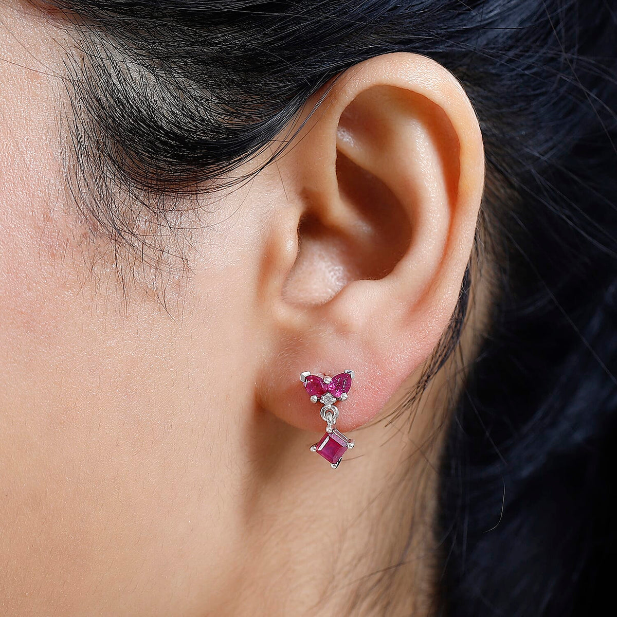 African Ruby &amp; Natural Zircon Dangle Earrings in Platinum Overlay Sterling Silver 2.10 Ct 7705897 3