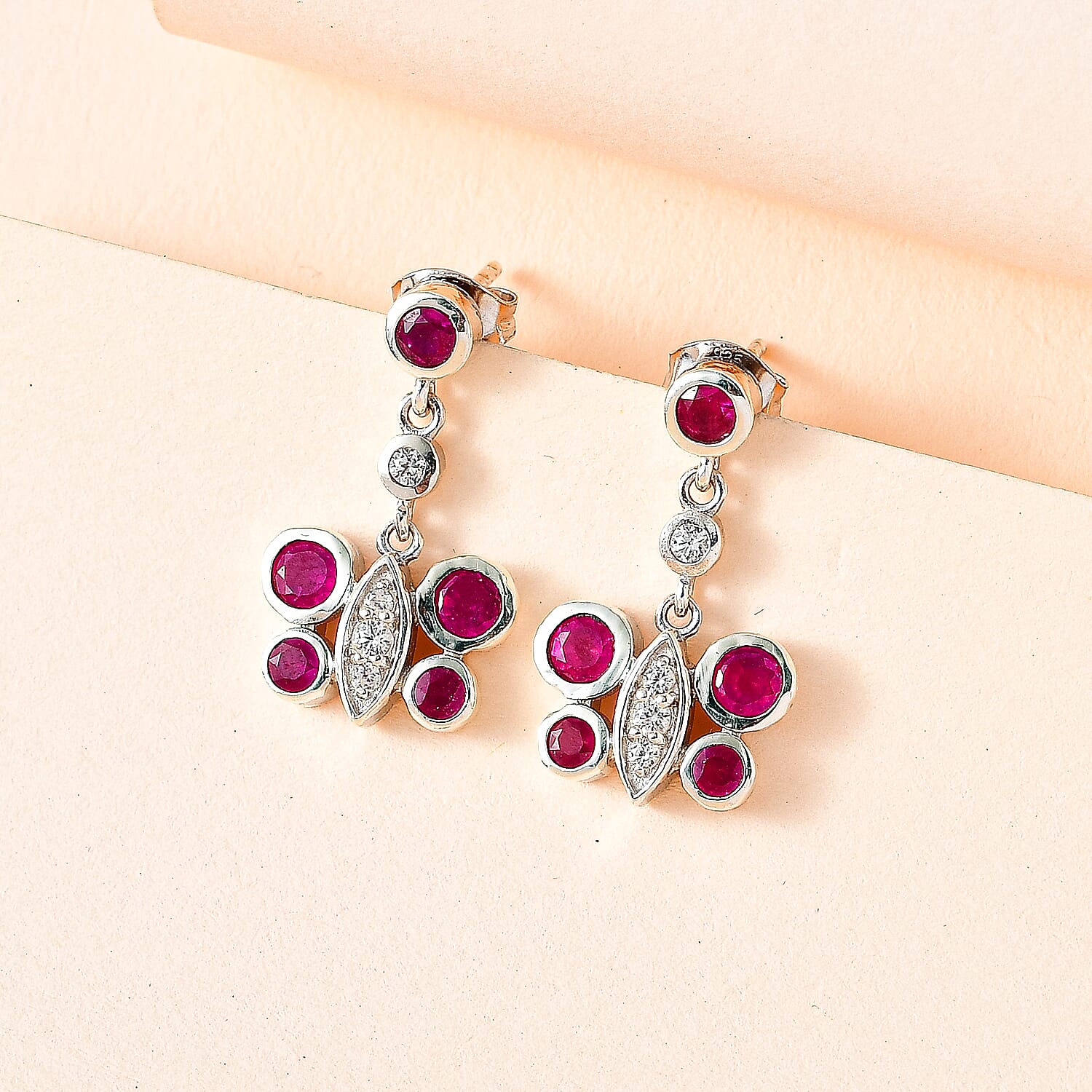 African Ruby &amp; Natural Zircon Dangle Earrings in Platinum Overlay Sterling Silver 2.14 Ct 7710488 2