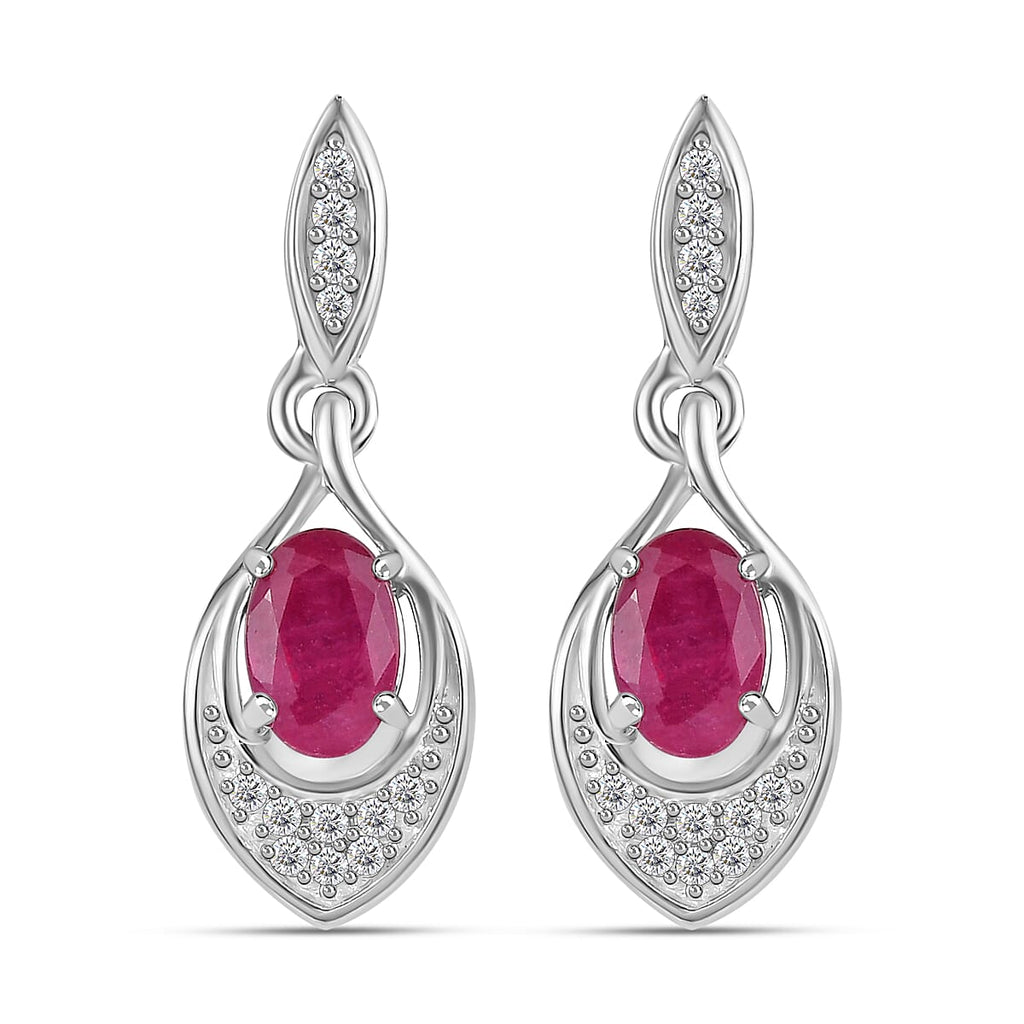 African Ruby & Natural Zircon Dangle Earrings in Platinum Overlay Sterling Silver 1.61 Ct