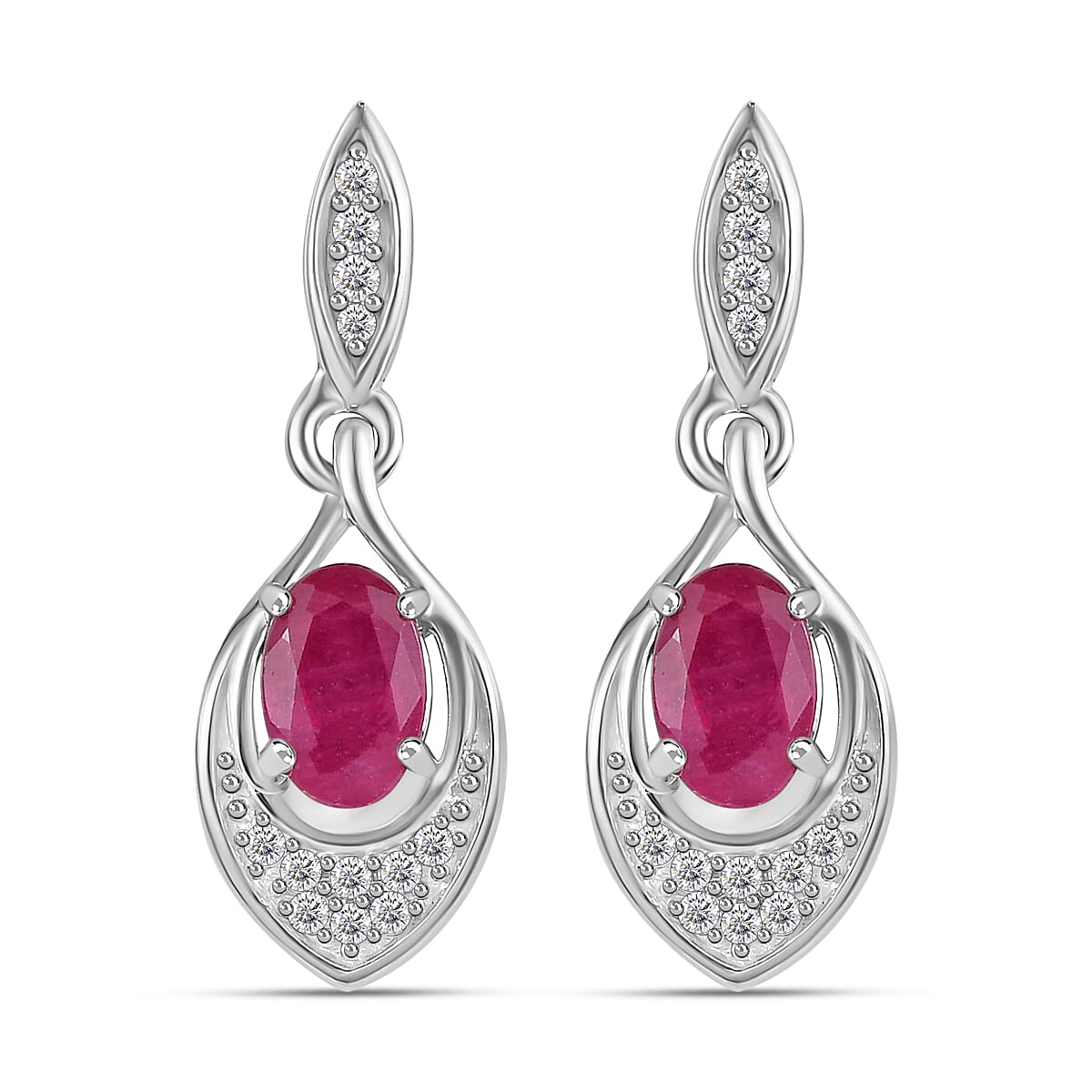 African Ruby &amp; Natural Zircon Dangle Earrings in Platinum Overlay Sterling Silver 1.61 Ct 7710533 0