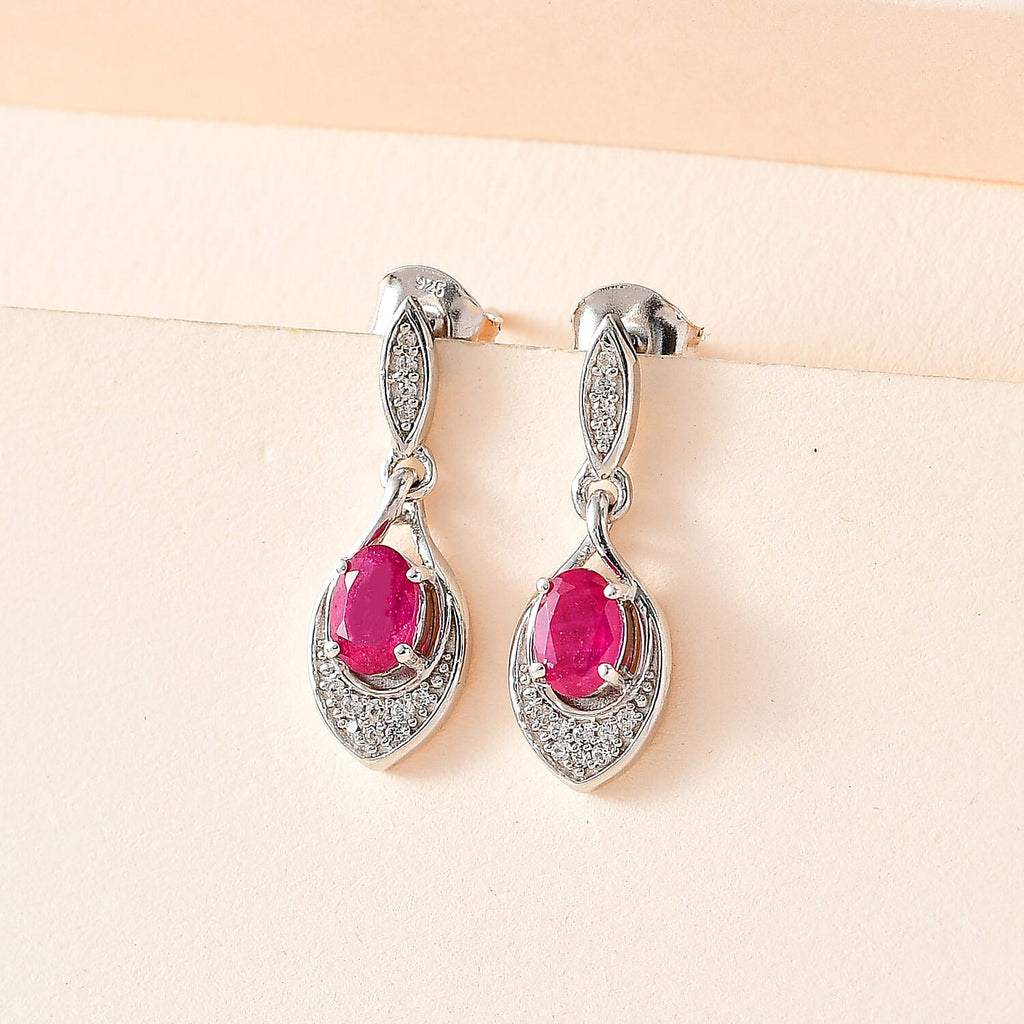 African Ruby & Natural Zircon Dangle Earrings in Platinum Overlay Sterling Silver 1.61 Ct
