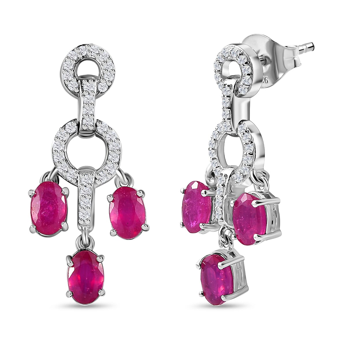 African Ruby &amp; Natural Zircon Dangle Earrings in Platinum Overlay Sterling Silver 4.89 Ct 7715887 0