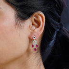 African Ruby & Natural Zircon Dangle Earrings in Platinum Overlay Sterling Silver 4.89 Ct