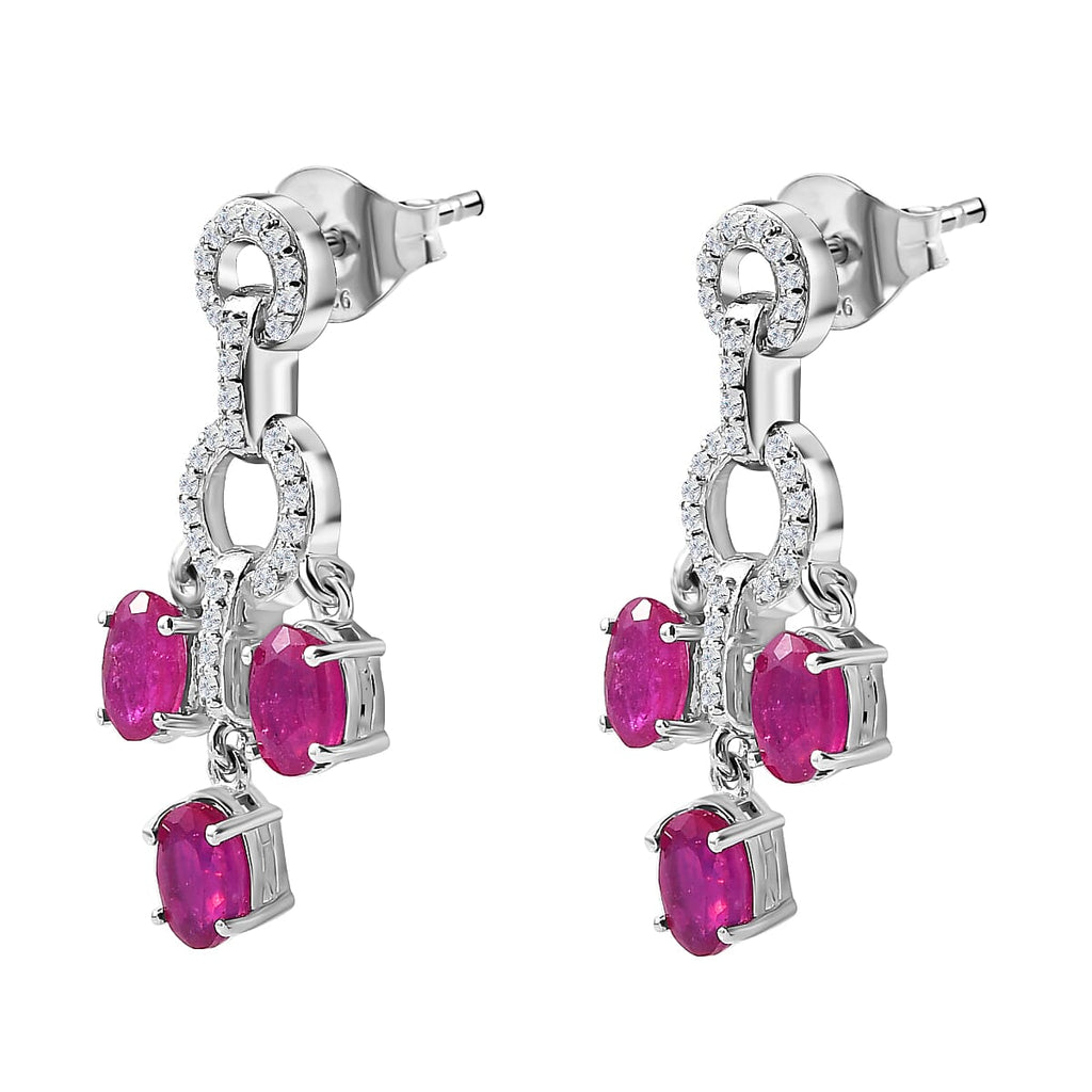 African Ruby & Natural Zircon Dangle Earrings in Platinum Overlay Sterling Silver 4.89 Ct