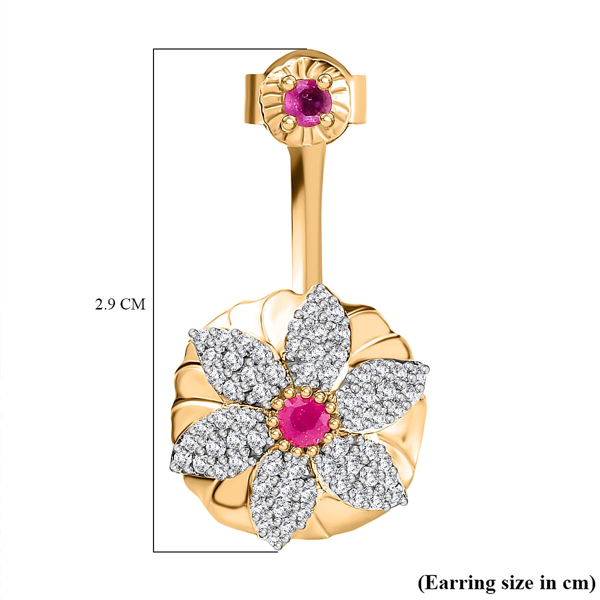 Fissure Filled Ruby, White Zircon Fancy Earring in 18K Vermeil Yellow Gold Sterling Silver 1.68 ct, Silver Wt. 6 Gms 1.232 Ct. 7619775 5