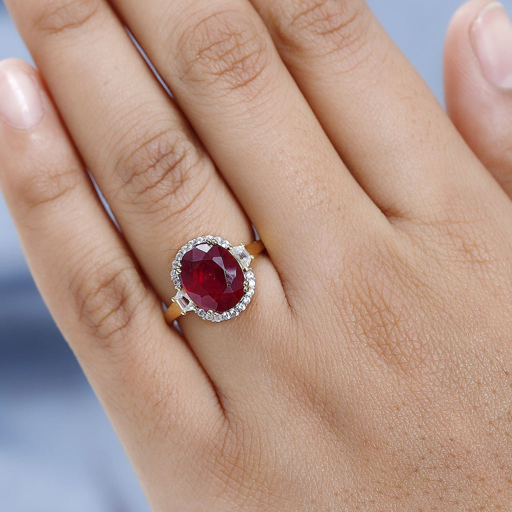 African Ruby & Natural Zircon Ring in 18K Vermeil YG Plated Sterling Silver