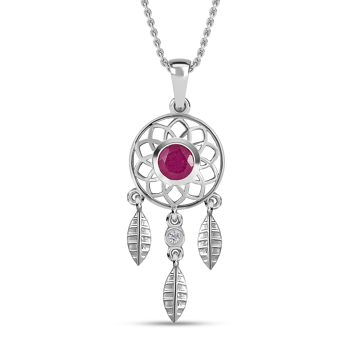African Ruby (FF) and Natural Zircon Dream Catcher Pendant with Chain (Size 20) in Platinum Overlay Sterling Silver 4166001 0