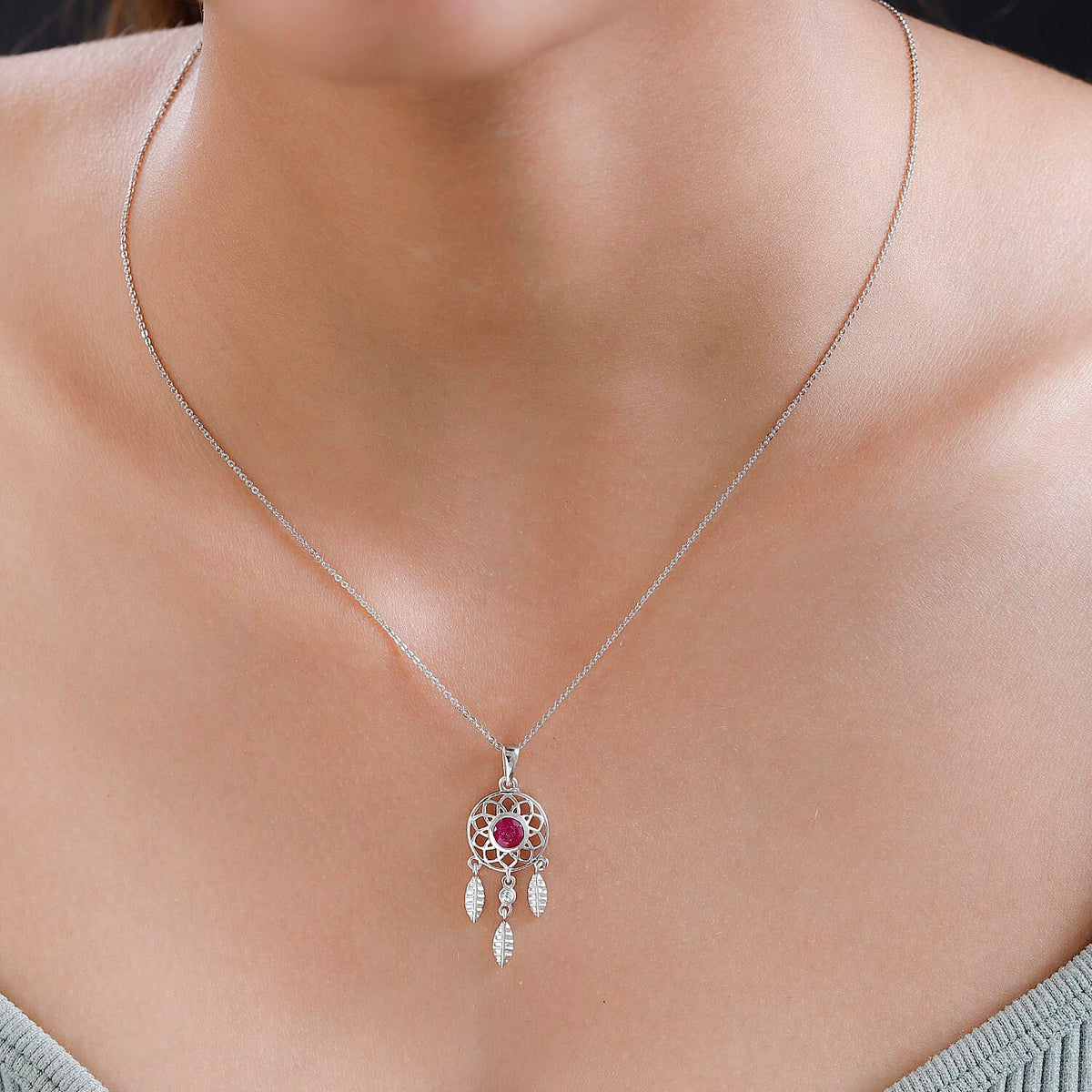 African Ruby (FF) and Natural Zircon Dream Catcher Pendant with Chain (Size 20) in Platinum Overlay Sterling Silver 4166001 2