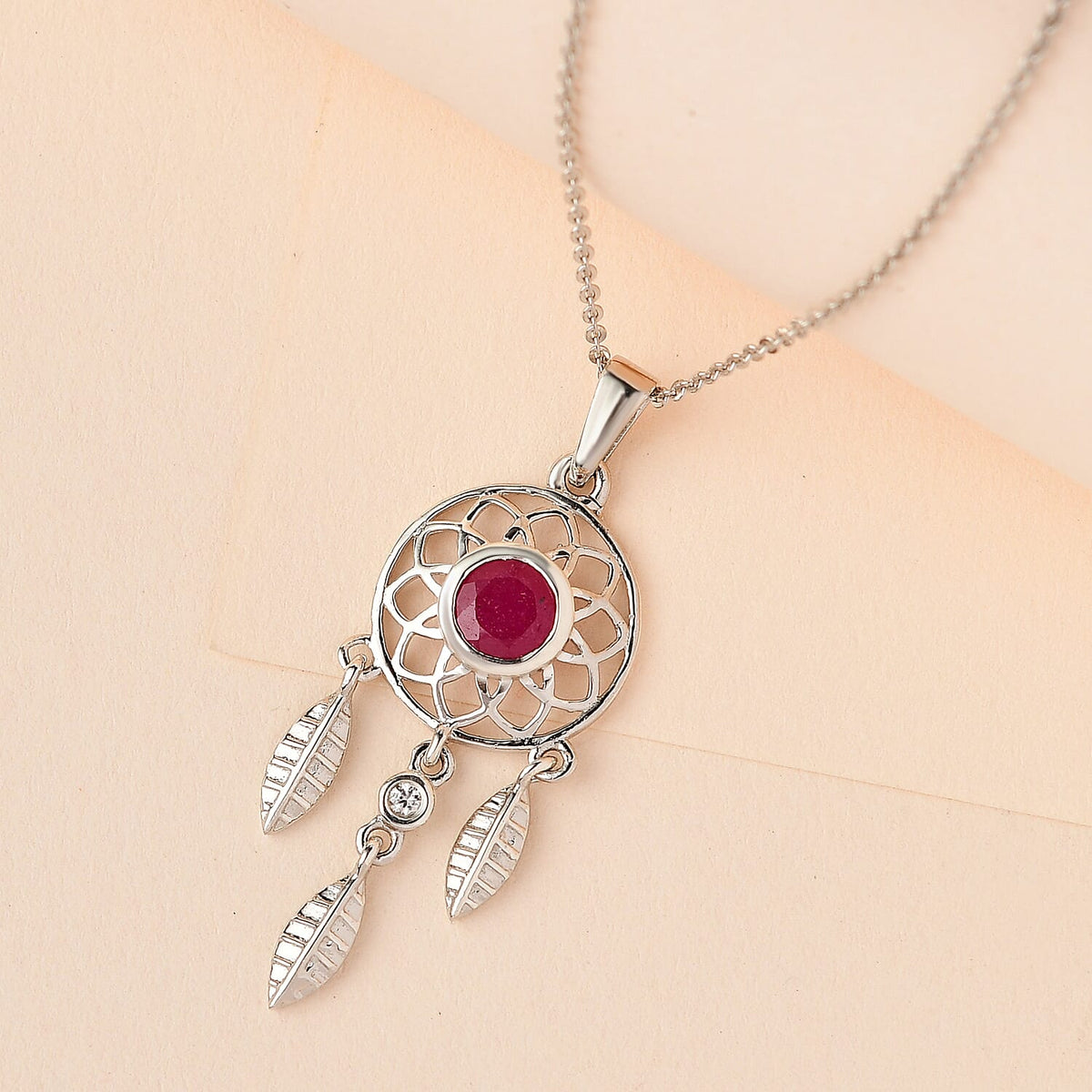 African Ruby (FF) and Natural Zircon Dream Catcher Pendant with Chain (Size 20) in Platinum Overlay Sterling Silver 4166001 3