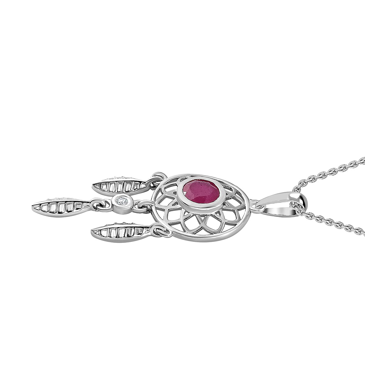African Ruby (FF) and Natural Zircon Dream Catcher Pendant with Chain (Size 20) in Platinum Overlay Sterling Silver 4166001 4