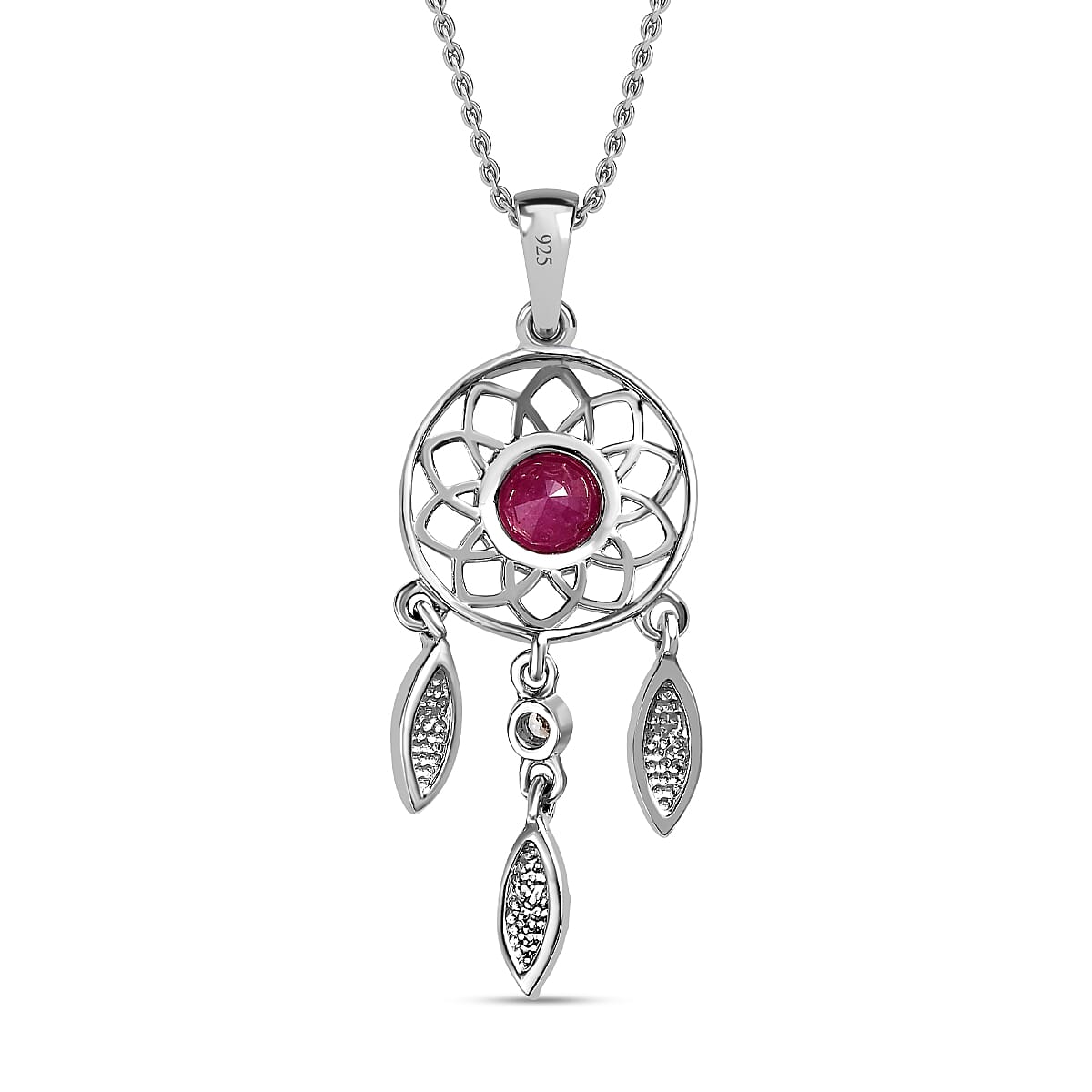 African Ruby (FF) and Natural Zircon Dream Catcher Pendant with Chain (Size 20) in Platinum Overlay Sterling Silver 4166001 5
