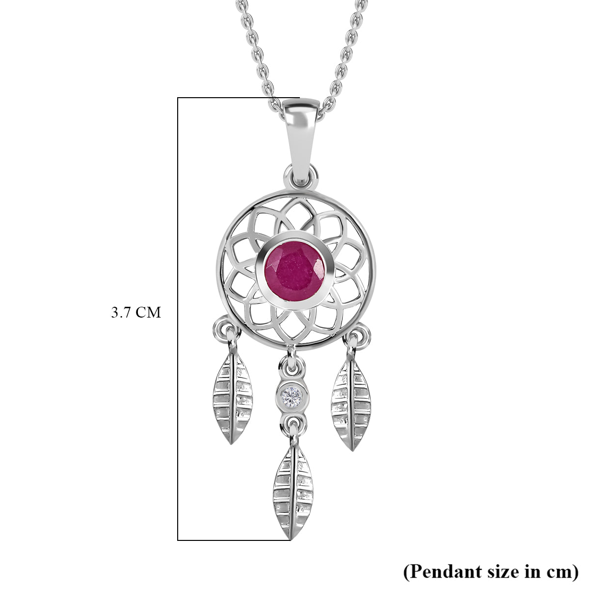 African Ruby (FF) and Natural Zircon Dream Catcher Pendant with Chain (Size 20) in Platinum Overlay Sterling Silver 4166001 7