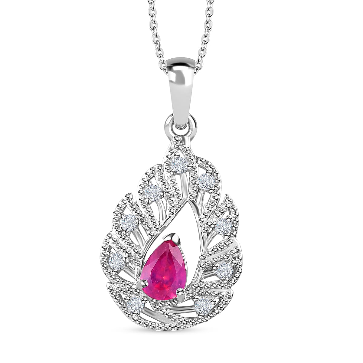 African Ruby &amp; Natural Zircon Pendant with Chain (Size 20) in Platinum Overlay Sterling Silver 1.01 Ct, Silver Wt. 5.9 Gms 4248173 0