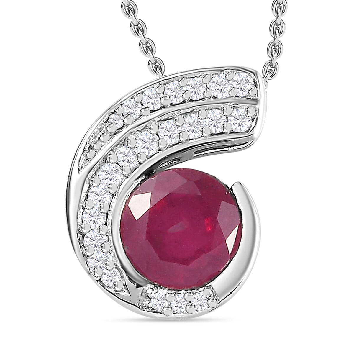 African Ruby &amp; Natural Zircon Pendant with Chain (Size 20) in Platinum Overlay Sterling Silver 2.31 Ct, Silver Wt. 5.78 Gms 4248180 0