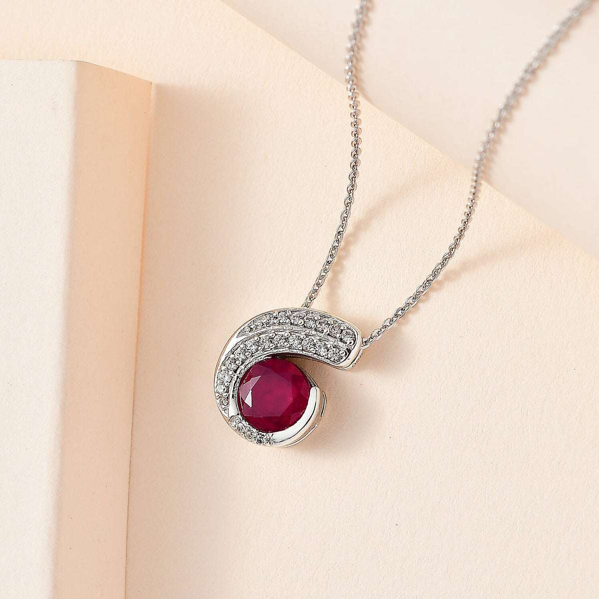 African Ruby &amp; Natural Zircon Pendant with Chain (Size 20) in Platinum Overlay Sterling Silver 2.31 Ct, Silver Wt. 5.78 Gms 4248180 3