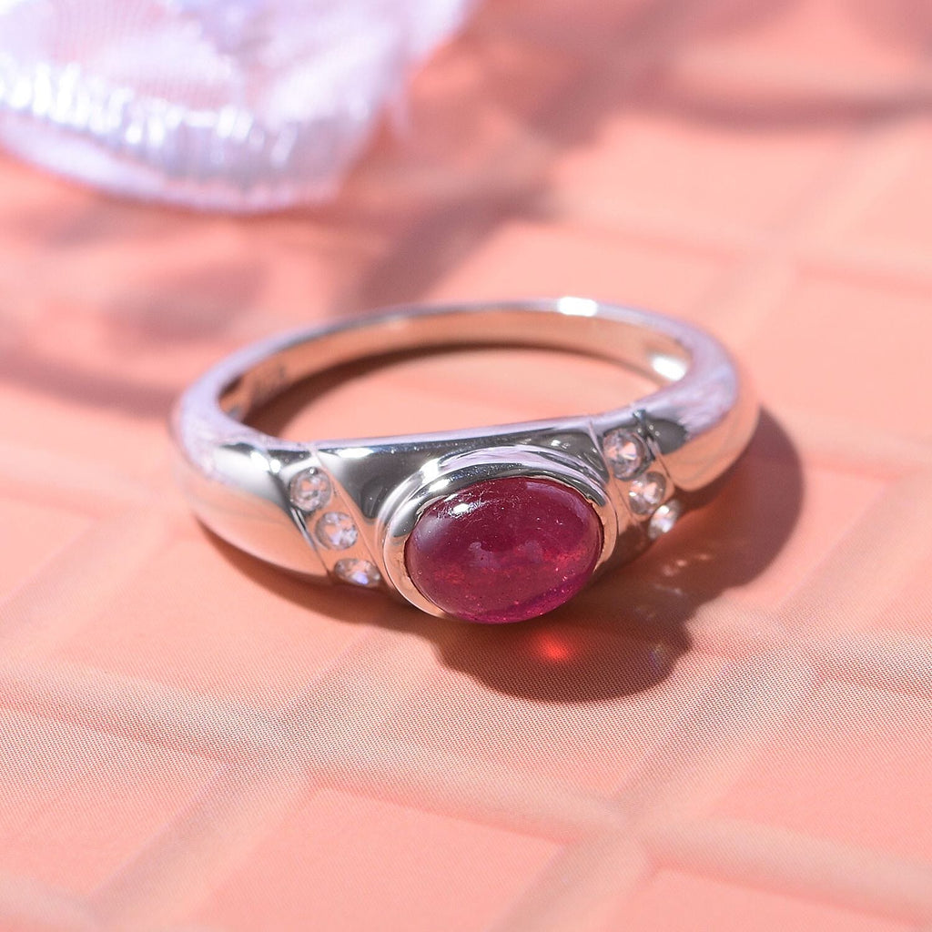 African Ruby & White Zircon Ring in Rhodium Overlay Sterling Silver 1.54 Ct.