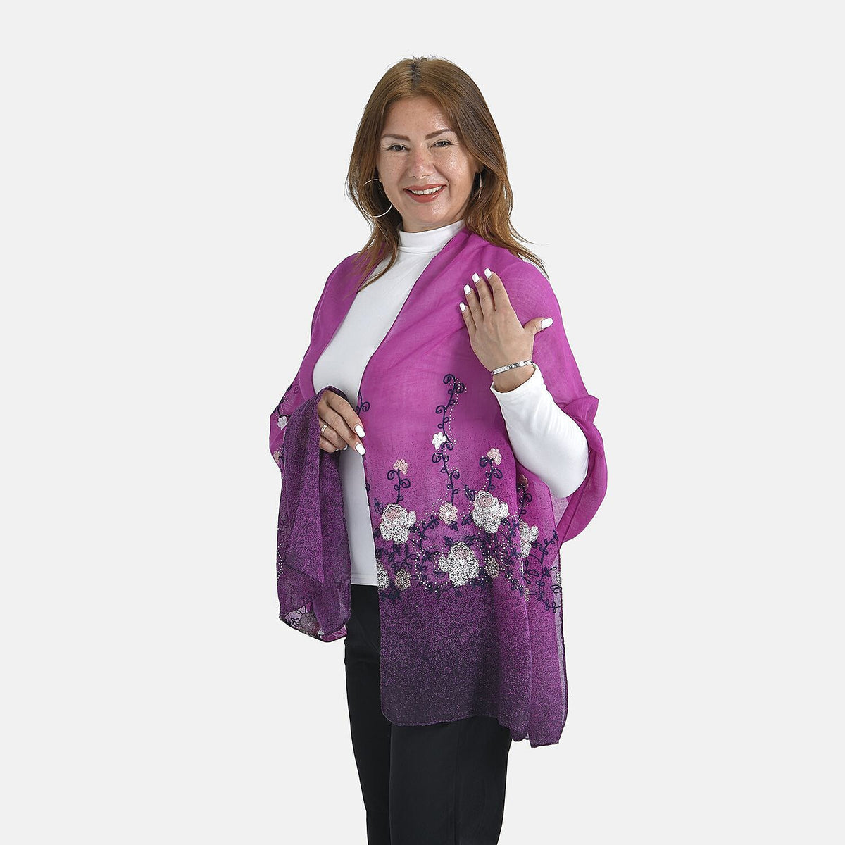 Floral Embroidery Scarf with Rhinestone (Size - 180x68 cm) - Purple 8730193 2