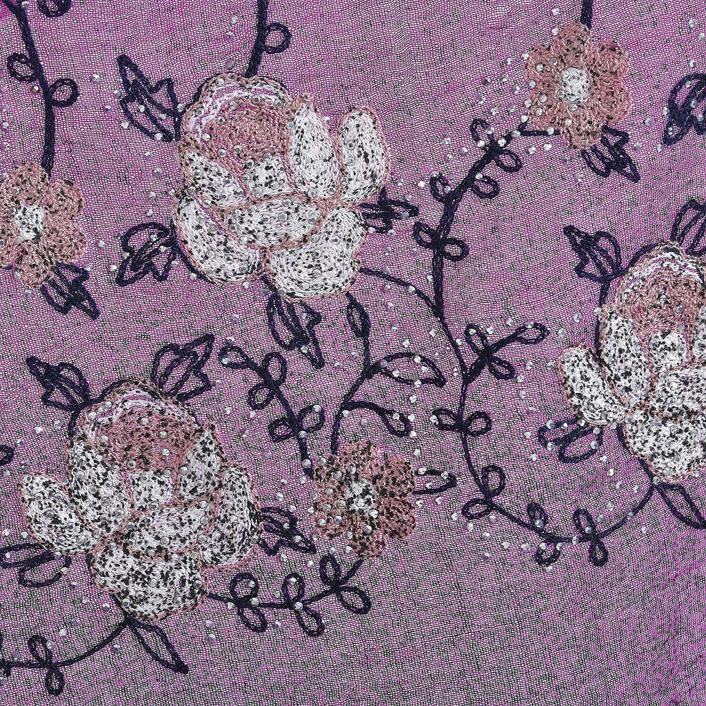 Floral Embroidery Scarf with Rhinestone (Size - 180x68 cm) - Purple