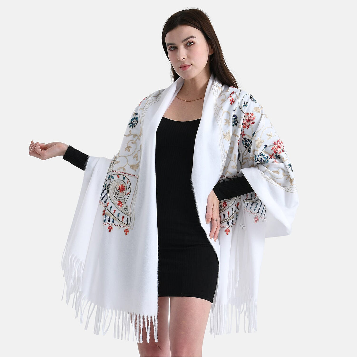 Floral Embroidery Scarf with Tassel (Size 180x70 cm) - White 8222452 0