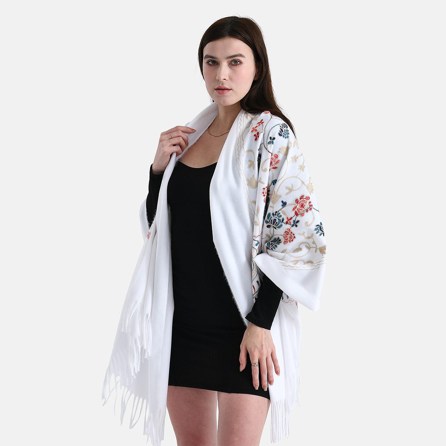 Floral Embroidery Scarf with Tassel (Size 180x70 cm) - White 8222452 2