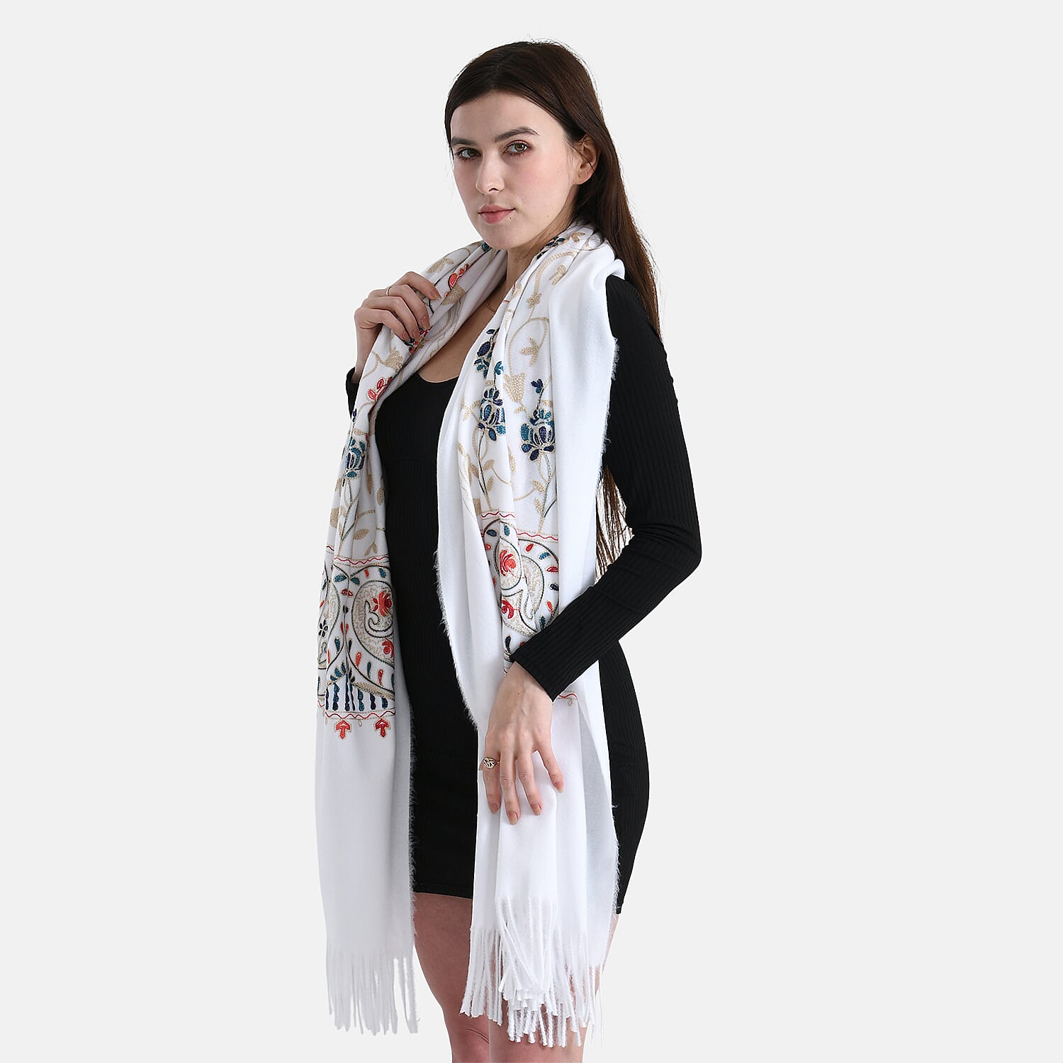 Floral Embroidery Scarf with Tassel (Size 180x70 cm) - White 8222452 3