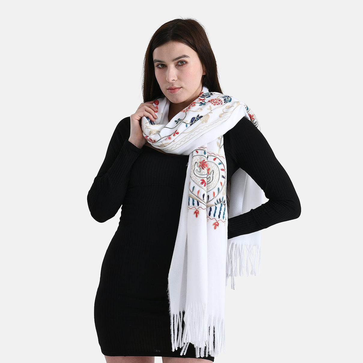 Floral Embroidery Scarf with Tassel (Size 180x70 cm) - White 8222452 4